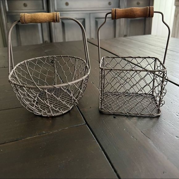None Accents Set Of Two Small Brown Wire Baskets With Wooden